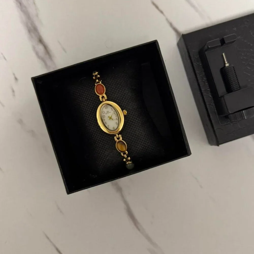 Sku0459 Retro Gold Multicoloured‎ Gemstone Women Watch Bracelet + gift bag